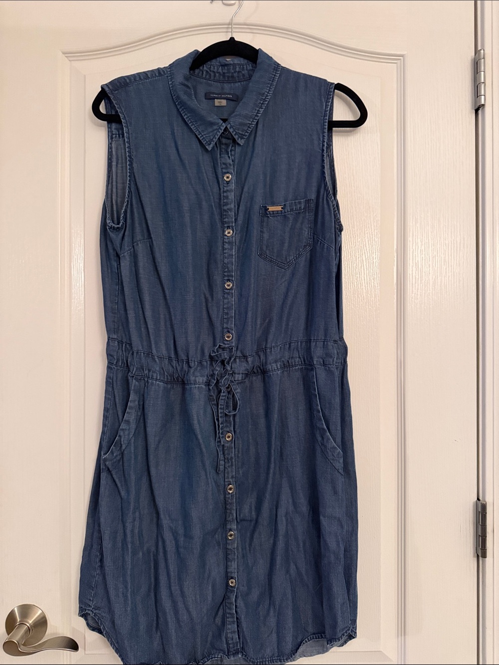 Tommy Hilfiger Sleeveless Chambray Drawstring Shirt Dress - Blue